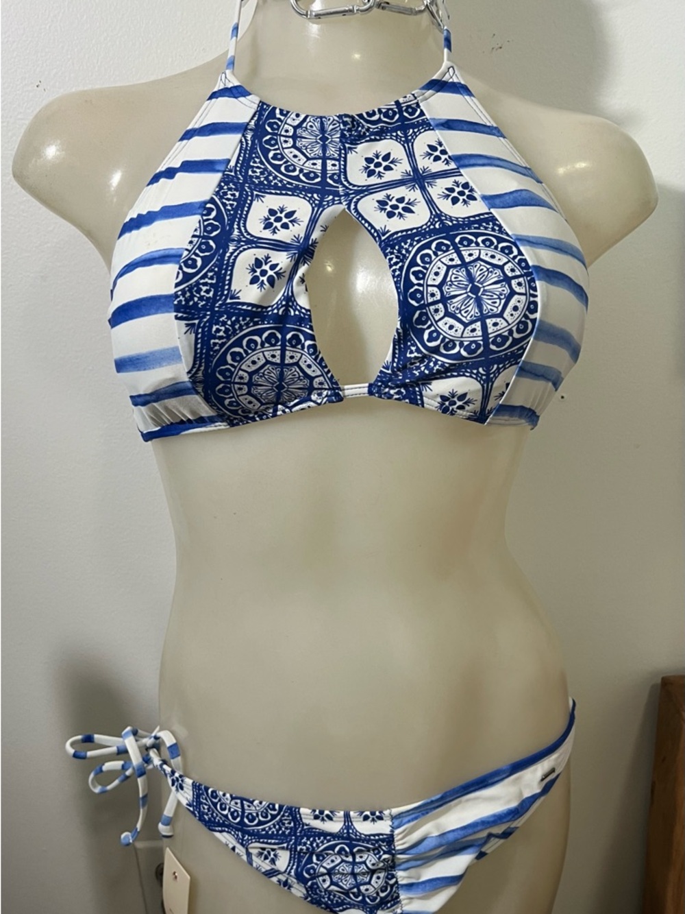 ROXY - Blue & White Halter Keyhole Bikini Set